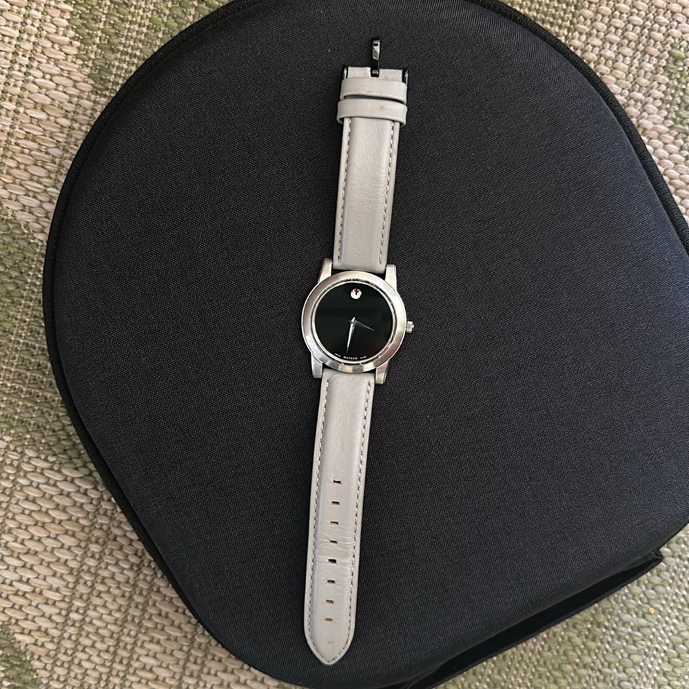 Movado Black Face Watch with Gray Leather Band 🖤